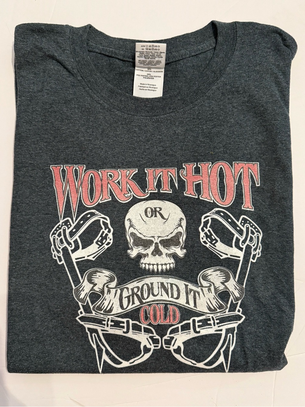 Gildan Dark Heather Gray Graphic Tee with Red & White Linemen Construction Print
